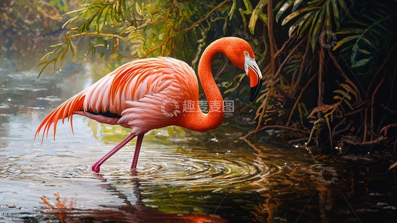 高清大图下载【趣麦麦图】粉红火烈鸟在水中觅食