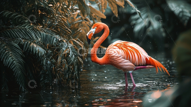高清大图下载【趣麦麦图】粉红火烈鸟在热带雨林中漫步