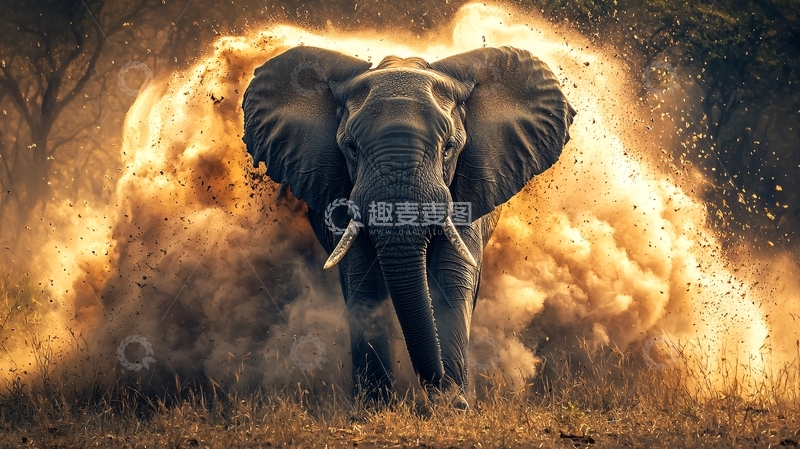 高清大图下载【趣麦麦图】非洲草原上的大象尘土飞扬