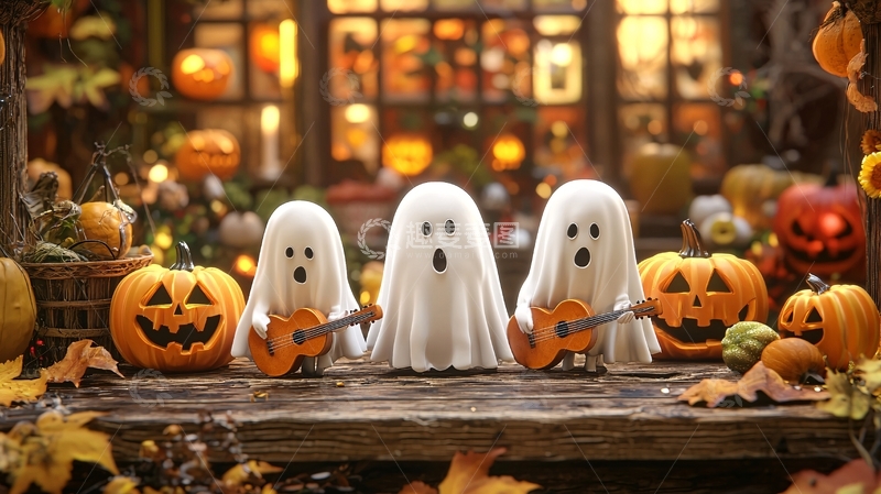 高清大图下载【趣麦麦图】万圣节鬼魂乐队演奏南瓜灯