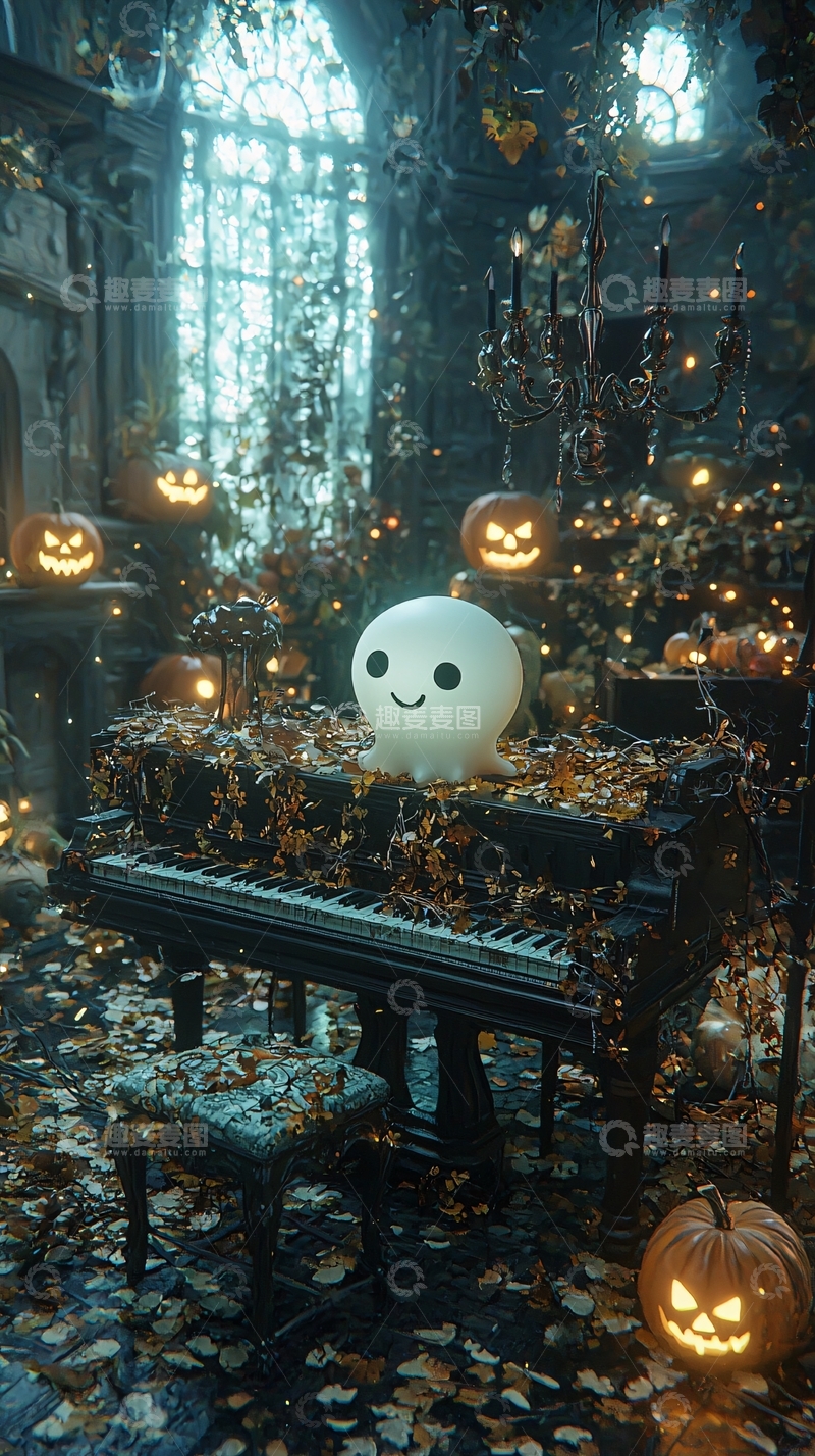 高清大图下载【趣麦麦图】万圣节幽灵钢琴场景