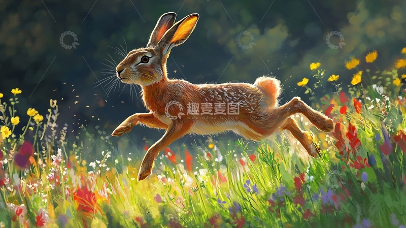 高清大图下载【趣麦麦图】奔跑的野兔在花丛中