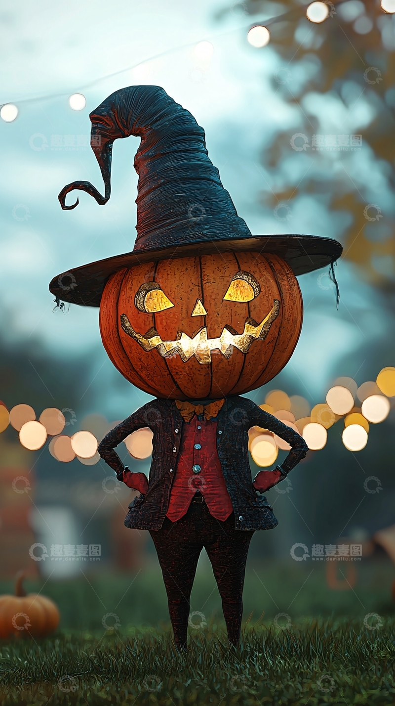 高清大图下载【趣麦麦图】万圣节南瓜头戴巫帽的人物