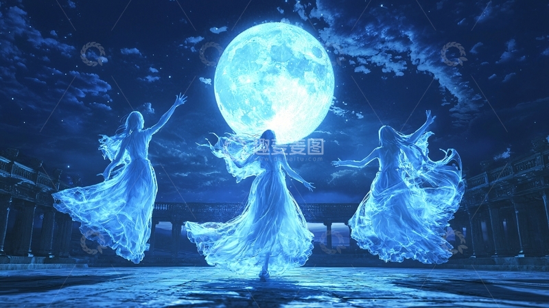 高清大图下载【趣麦麦图】夜空下的舞者与满月