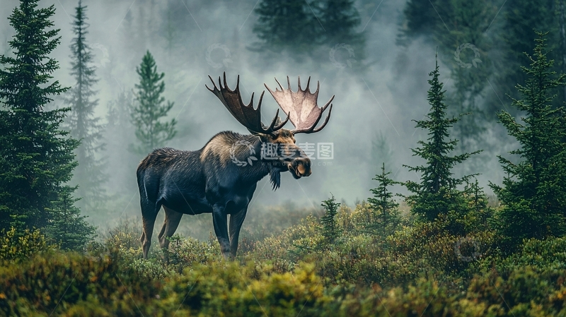 高清大图下载【趣麦麦图】雾中森林中的雄性驼鹿