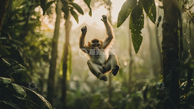 高清大图下载【趣麦麦图】丛林中的猴子飞跃瞬间