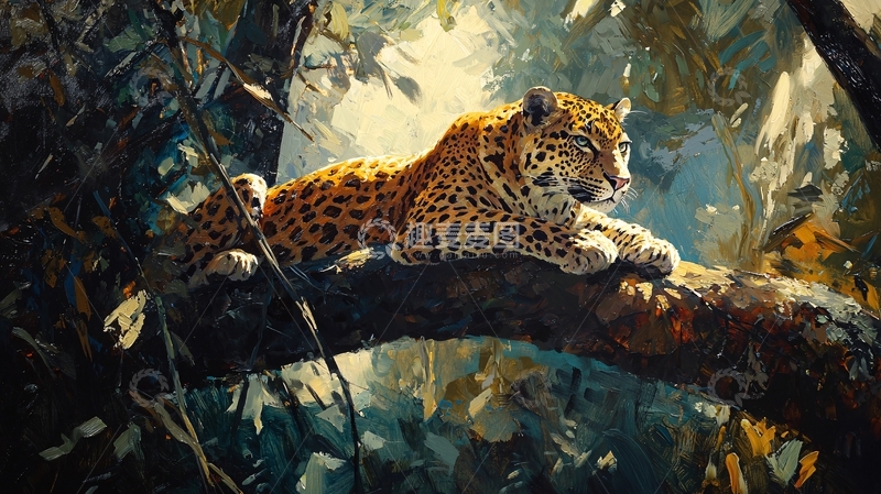 高清大图下载【趣麦麦图】豹子休息在岩石上的油画