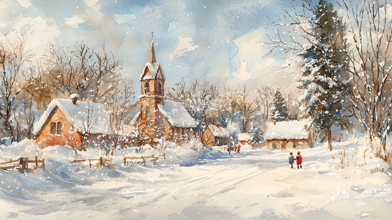高清大图下载【趣麦麦图】水彩风格的冬季乡村雪景