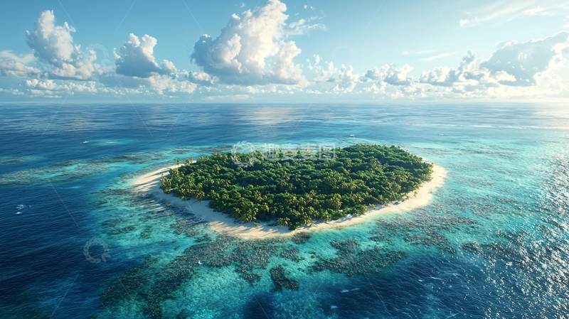 高清大图下载【趣麦麦图】日出洒下的热带岛屿与茂密的椰林环绕