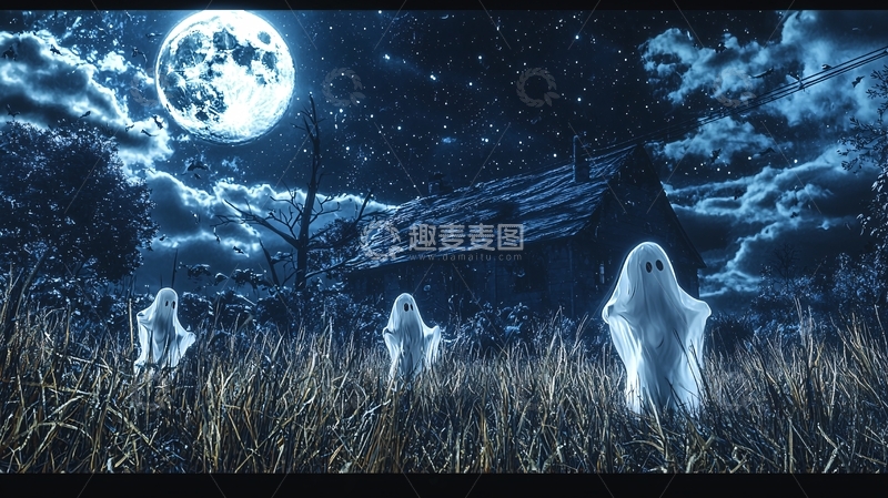高清大图下载【趣麦麦图】幽灵夜景下的鬼魂村庄