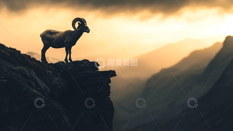 高清大图下载【趣麦麦图】山羊悬崖日落风景