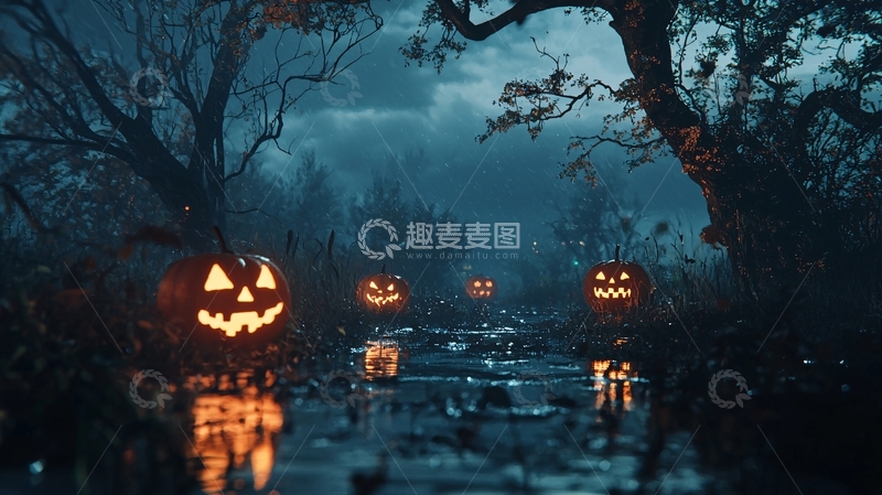 高清大图下载【趣麦麦图】万圣节夜晚南瓜灯森林场景