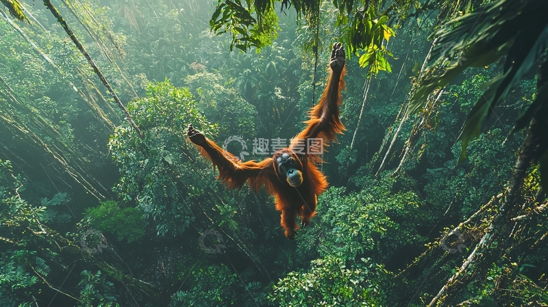 高清大图下载【趣麦麦图】雨林中的猩猩飞跃