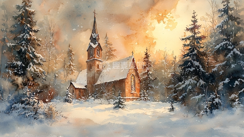 高清大图下载【趣麦麦图】水彩风格的冬日乡村教堂