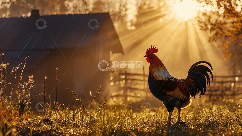 高清大图下载【趣麦麦图】晨光中的公鸡与农舍