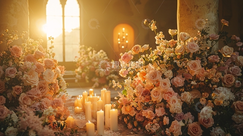 高清大图下载【趣麦麦图】浪漫风的鲜花与烛光婚礼场景