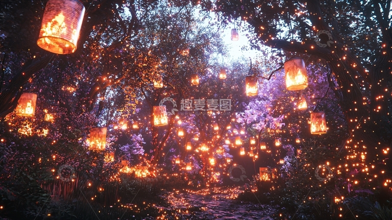 高清大图下载【趣麦麦图】梦幻森林灯笼夜景