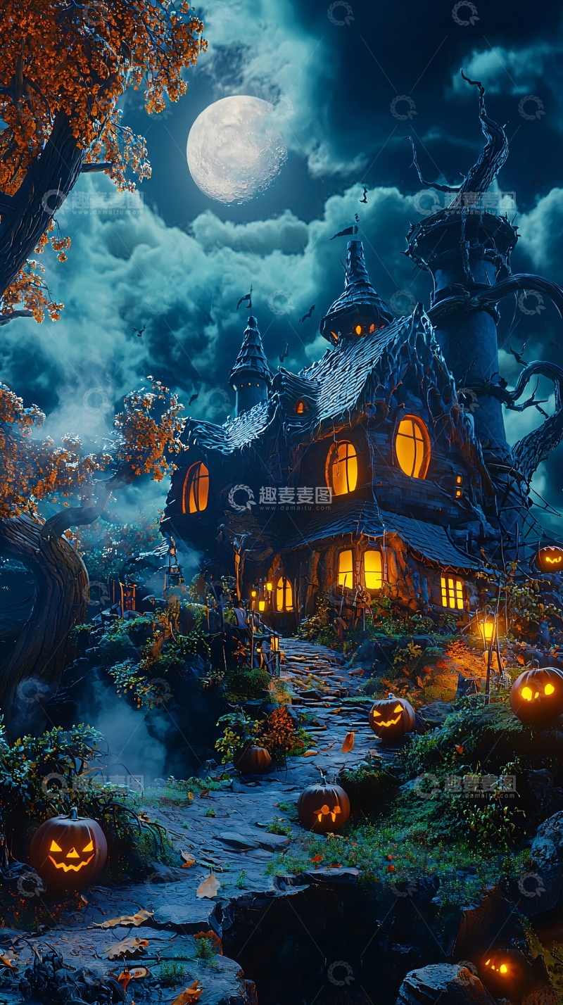 高清大图下载【趣麦麦图】万圣节夜景下的古老鬼屋