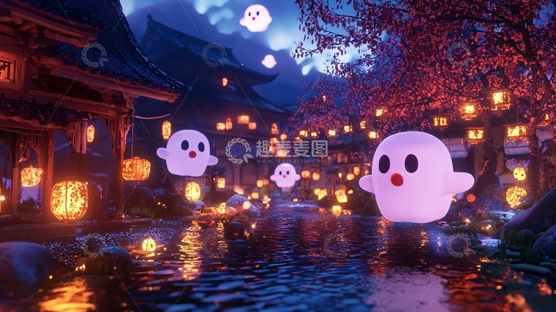高清大图下载【趣麦麦图】梦幻夜景中的幽灵灯笼