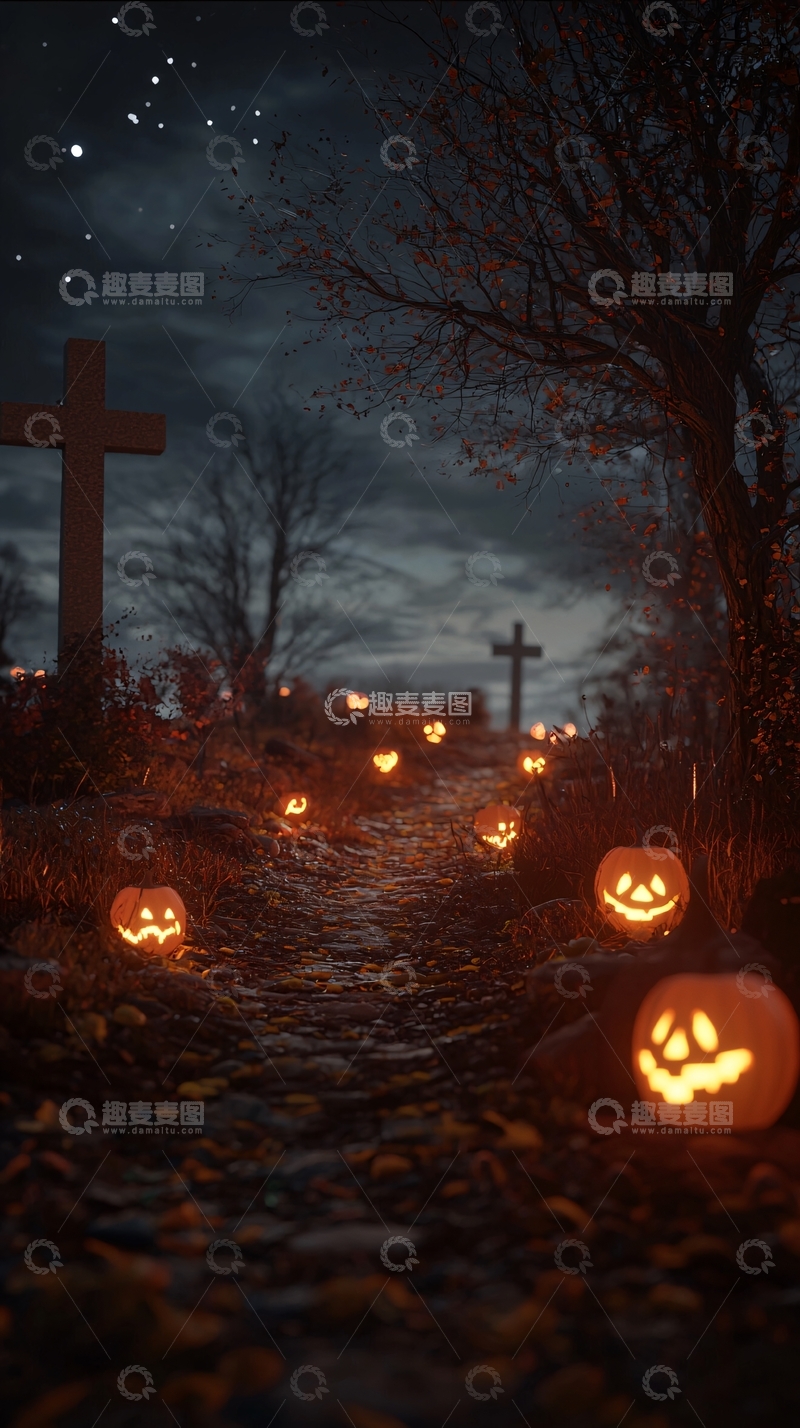 高清大图下载【趣麦麦图】万圣节墓地南瓜灯夜景