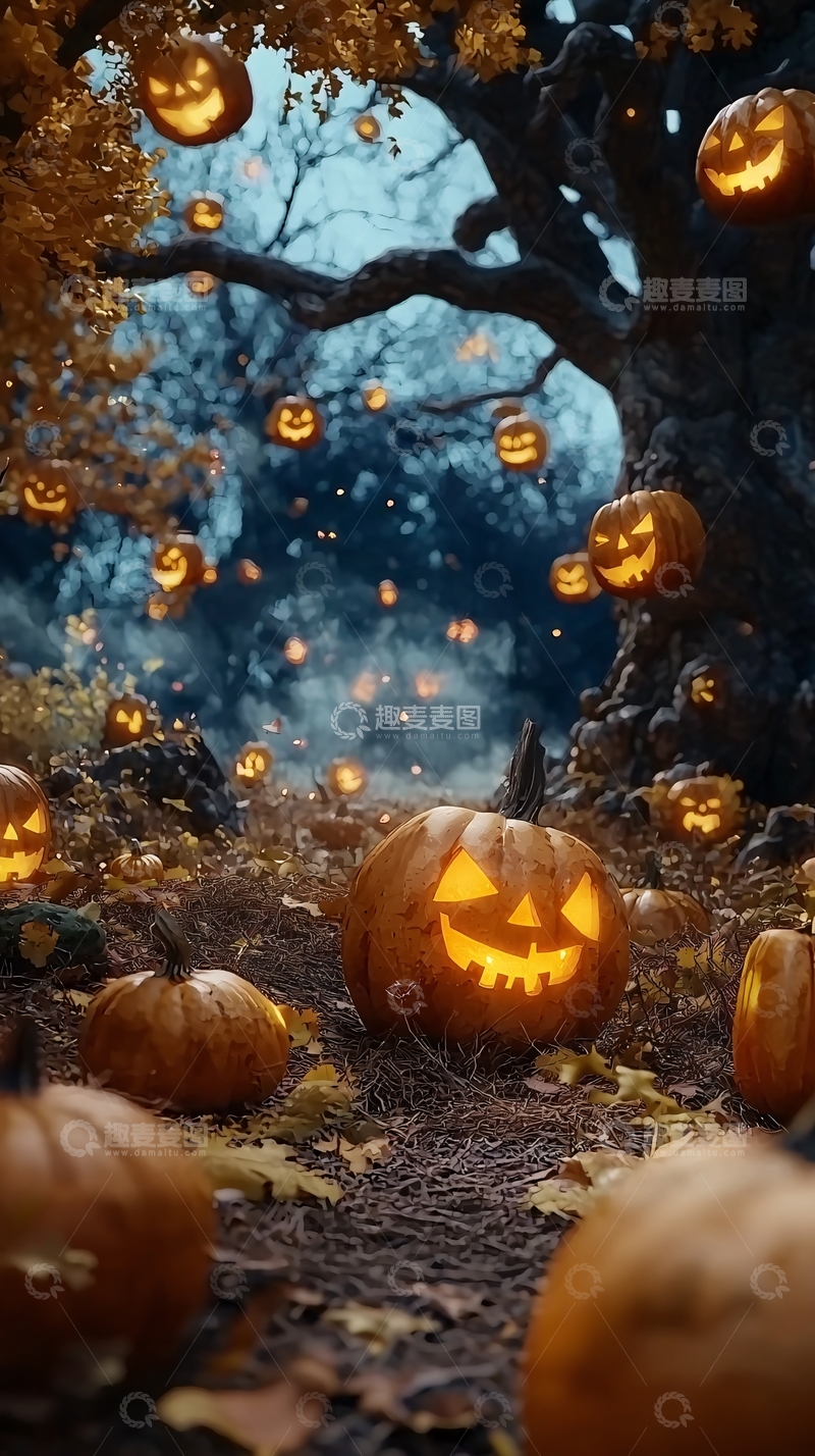 高清大图下载【趣麦麦图】万圣节南瓜灯森林夜景