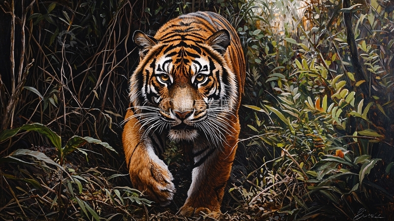 高清大图下载【趣麦麦图】丛林中的老虎写实画