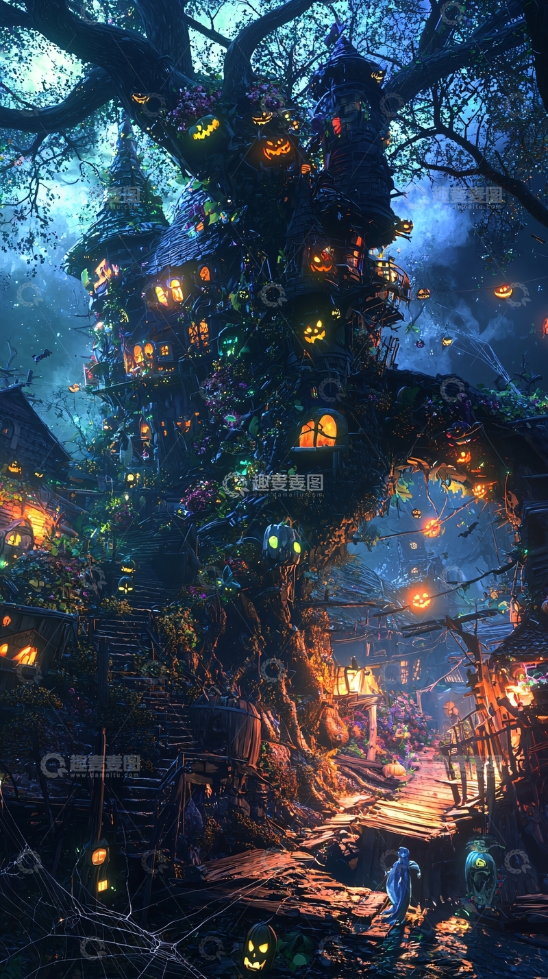 高清大图下载【趣麦麦图】万圣节树屋幻想场景