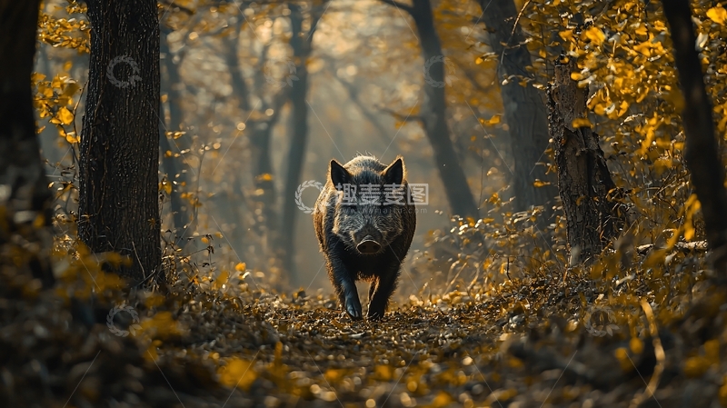 高清大图下载【趣麦麦图】秋日森林中的野猪