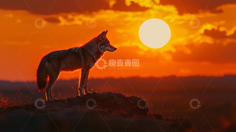 高清大图下载【趣麦麦图】日落下的狼高清图片