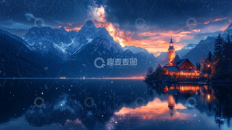 高清大图下载【趣麦麦图】蓝天白云与高山草原的日出倒影