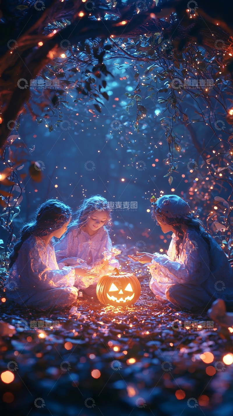 高清大图下载【趣麦麦图】万圣节夜晚森林中的孩子们
