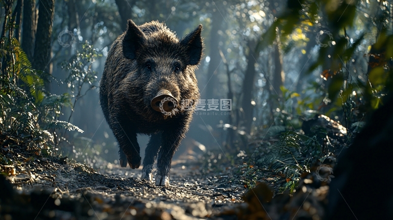 高清大图下载【趣麦麦图】森林中的野猪奔跑场景