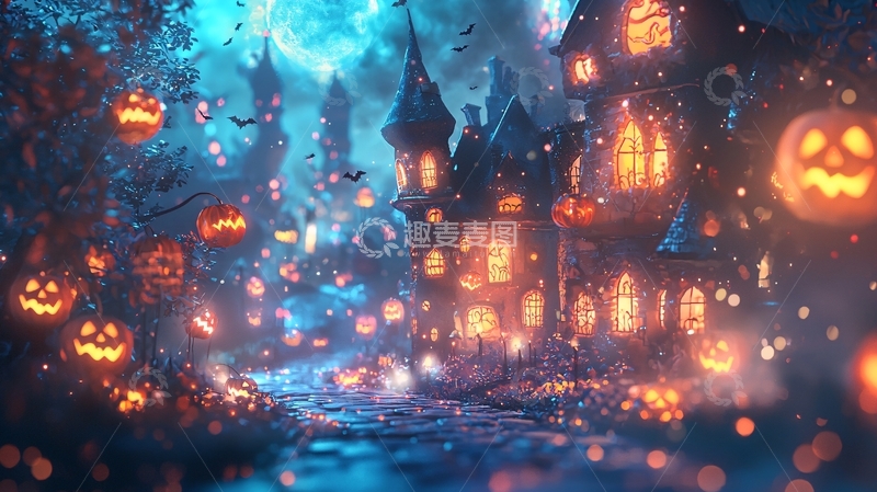 高清大图下载【趣麦麦图】万圣节夜景南瓜灯城堡