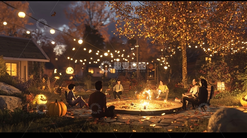 高清大图下载【趣麦麦图】秋夜户外聚会篝火场景