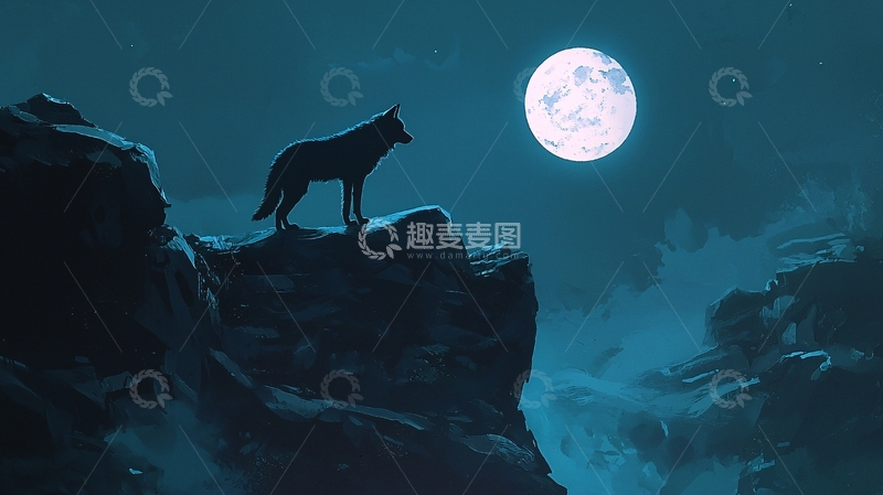 高清大图下载【趣麦麦图】月光下的狼与岩石