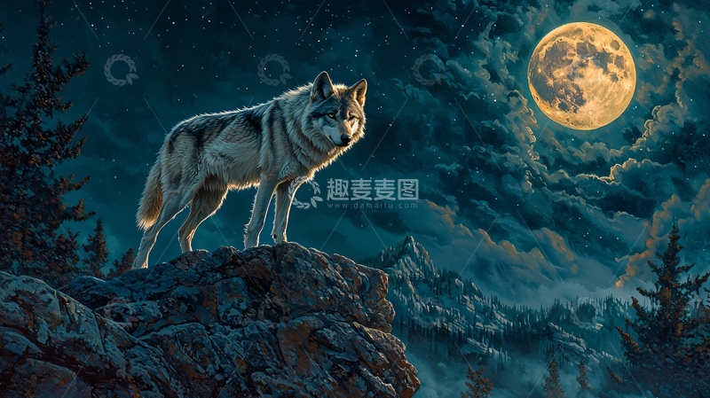 高清大图下载【趣麦麦图】月光下的狼与山景