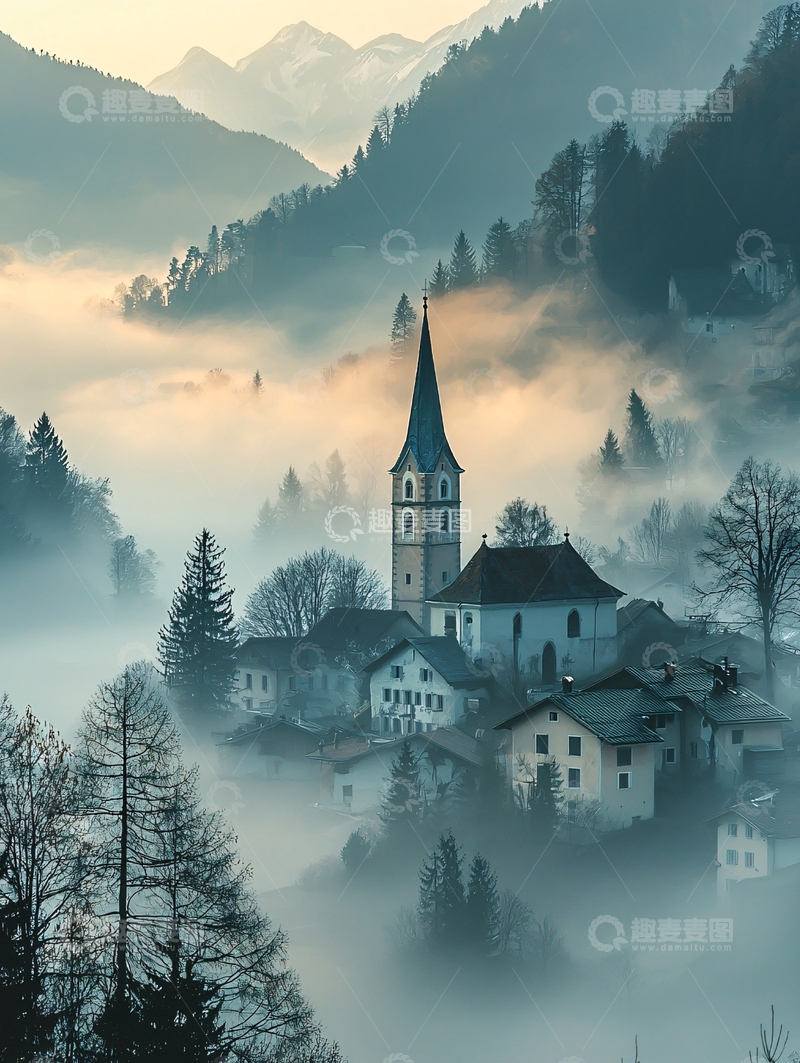 高清大图下载【趣麦麦图】清晨的山村与浓雾
