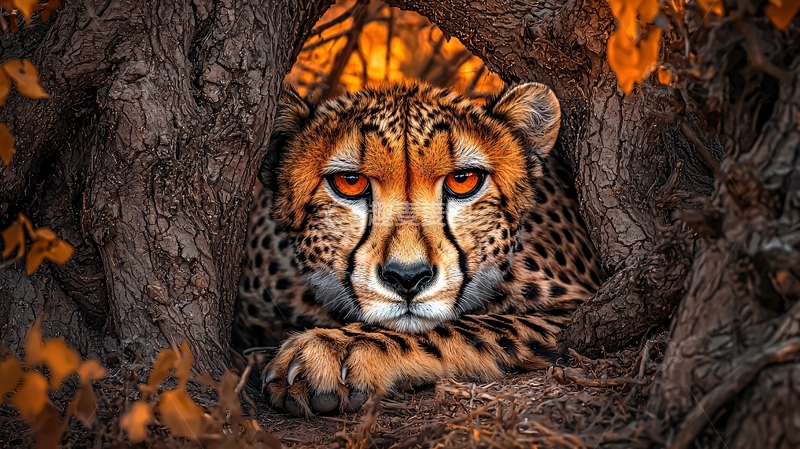 高清大图下载【趣麦麦图】猎豹在树洞中休息