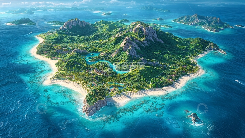 高清大图下载【趣麦麦图】日出洒下的热带岛屿与礁石环绕的海湾