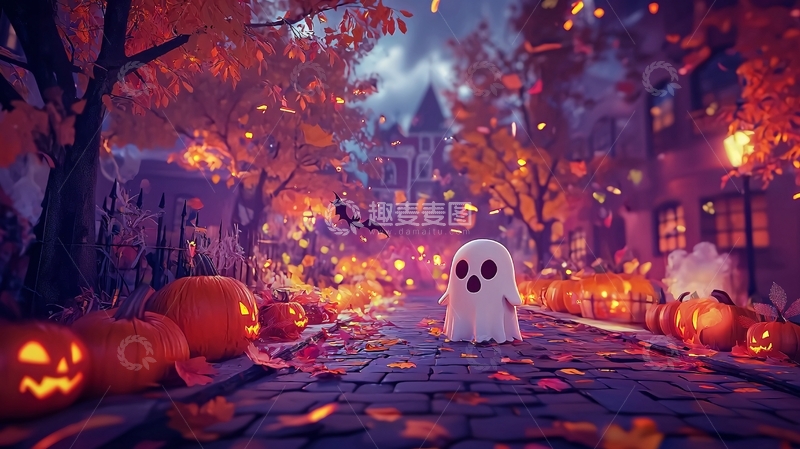 高清大图下载【趣麦麦图】万圣节幽灵南瓜灯街道