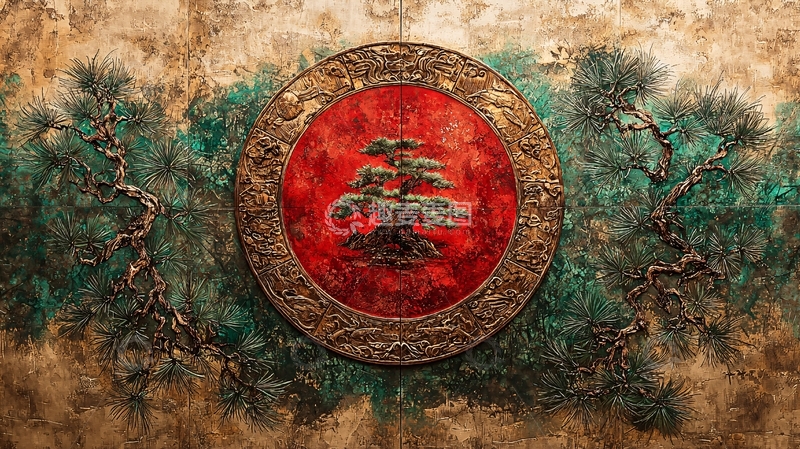 高清大图下载【趣麦麦图】灵芝与松柏图案