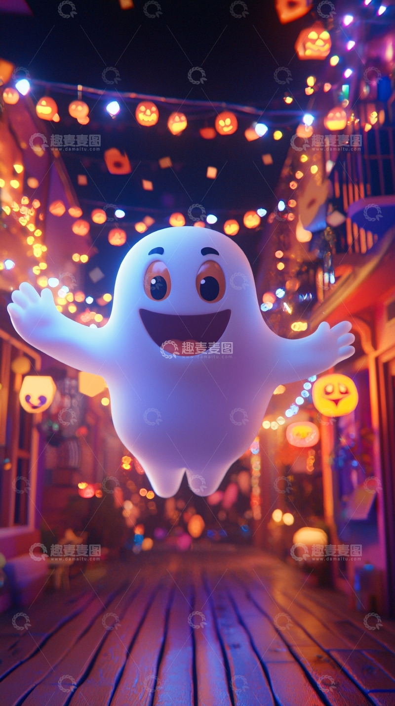 高清大图下载【趣麦麦图】万圣节夜市中的卡通幽灵