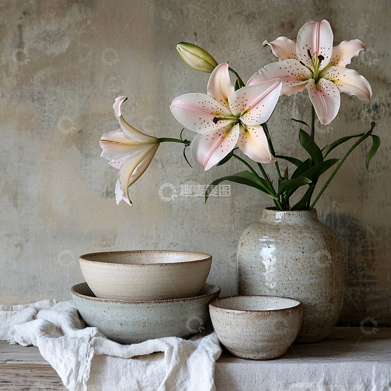 高清大图下载【趣麦麦图】手工陶器与花卉搭配