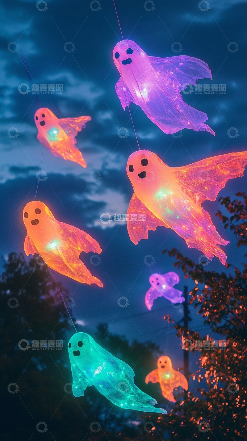高清大图下载【趣麦麦图】夜空中五彩鬼魂灯饰