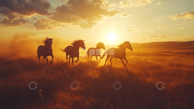 高清大图下载【趣麦麦图】日落草原上的奔马群