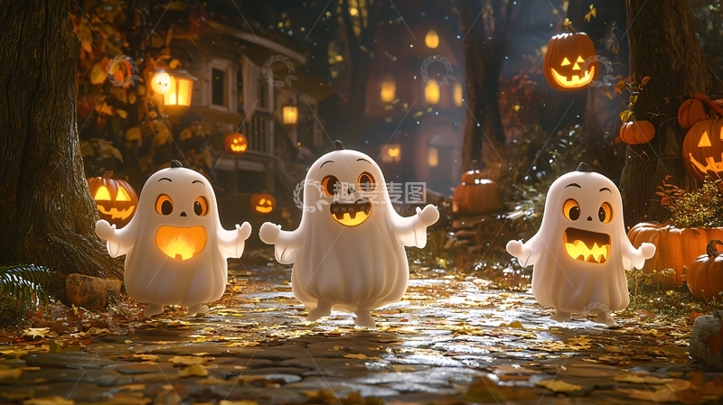 高清大图下载【趣麦麦图】万圣节鬼魂南瓜灯夜景