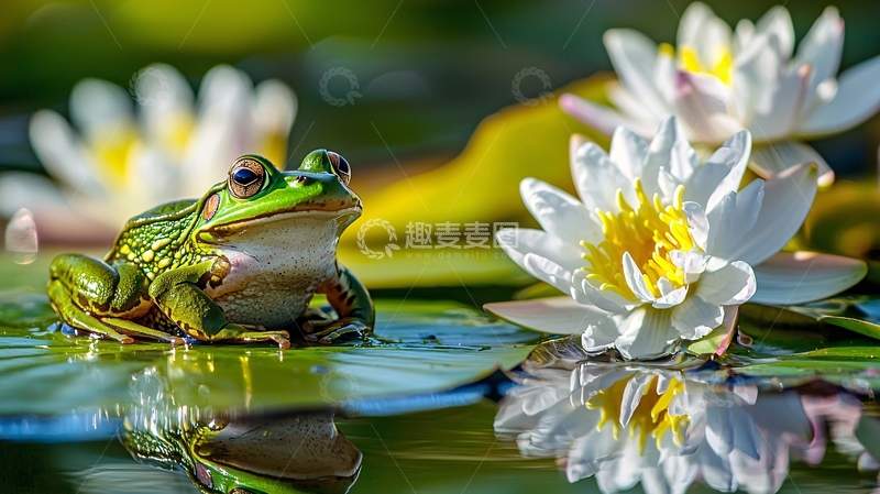 高清大图下载【趣麦麦图】荷塘青蛙与睡莲