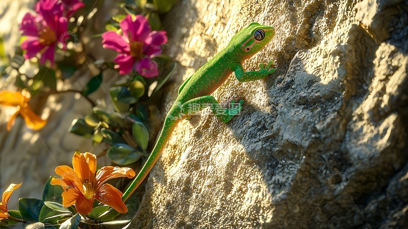 高清大图下载【趣麦麦图】绿色壁虎爬在岩石上的自然场景