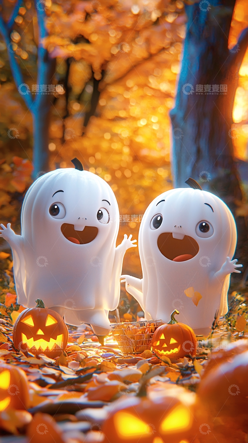 高清大图下载【趣麦麦图】万圣节南瓜灯中的可爱幽灵