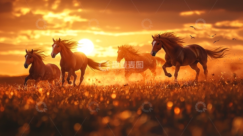 高清大图下载【趣麦麦图】夕阳下奔跑的骏马群
